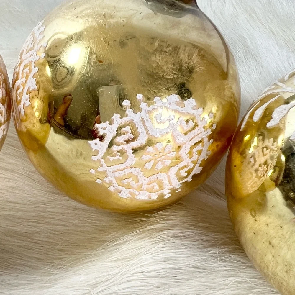 Lot of 3 Vintage Christmas Ornament USA White Mica Stencil Gold‎ holidays